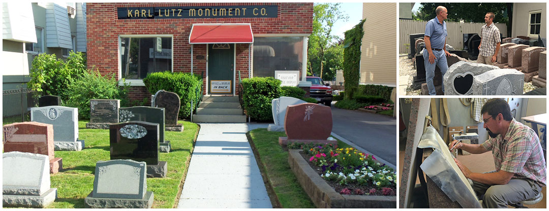 Photo showing front of Lutz Monuments building as well as owners and employees of Karl Lutz Monument Company