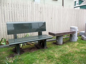 Two benches on display at Karl Lutz Monument Company